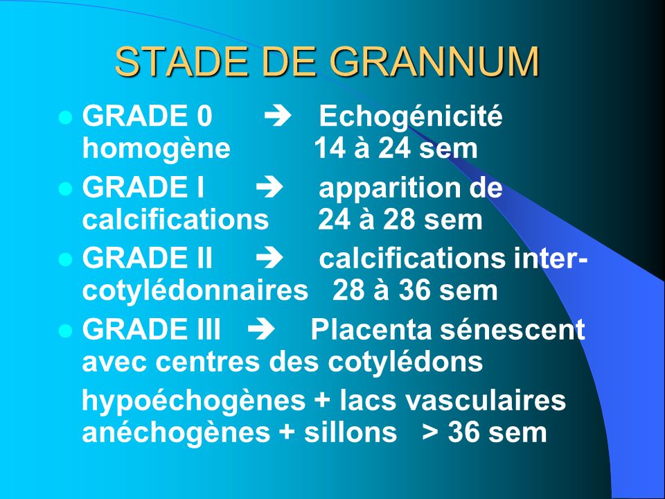 STADE DE GRANNUM GRADE 0  Echogénicité homogène 14 à 24 sem