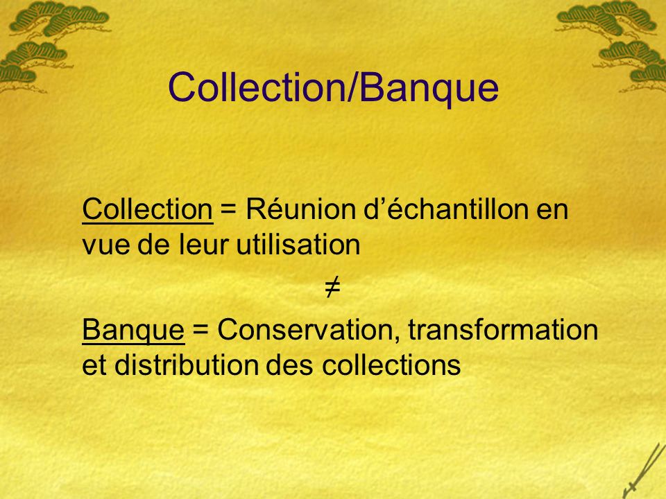 Collection/Banque Collection = Réunion d’échantillon en vue de leur utilisation. ≠
