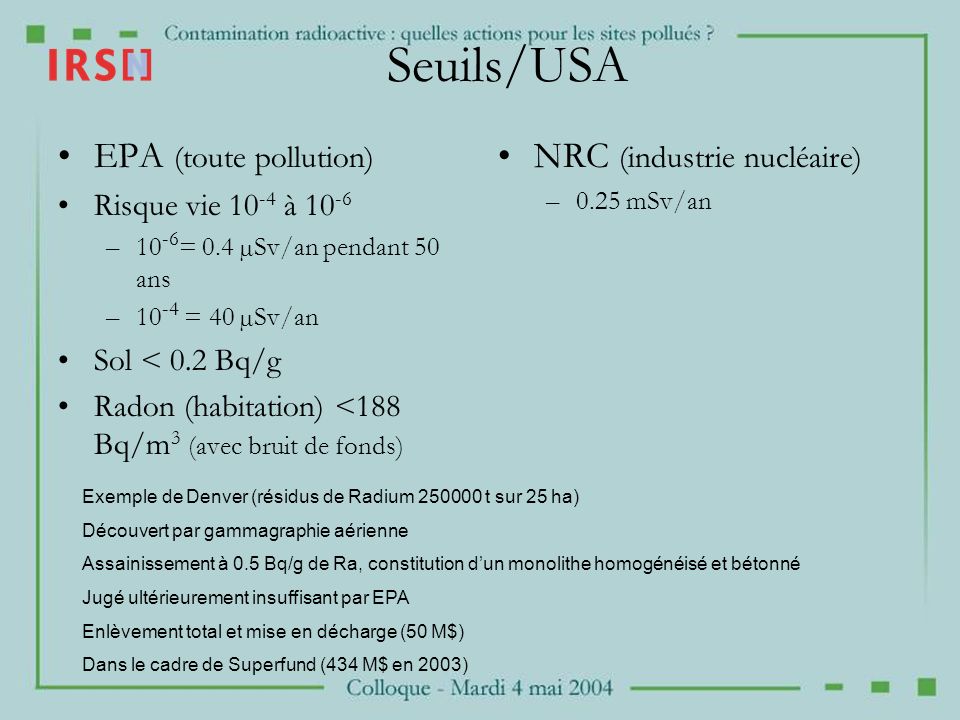 Seuils/USA EPA (toute pollution) NRC (industrie nucléaire)