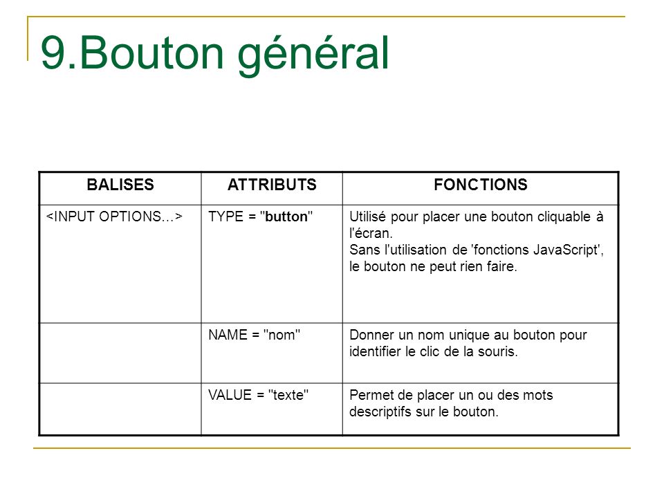 9.Bouton général BALISES ATTRIBUTS FONCTIONS <INPUT OPTIONS…>