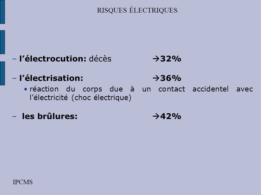 l’électrocution: décès 32% l’électrisation: 36%