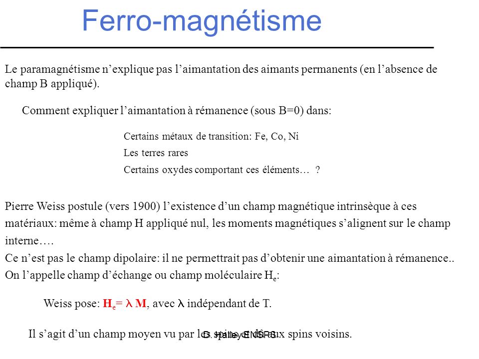 Ferro-magnétisme Le paramagnétisme n’explique pas l’aimantation des aimants permanents (en l’absence de champ B appliqué).
