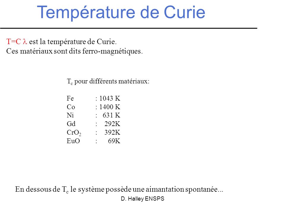 Température de Curie T=C l est la température de Curie.