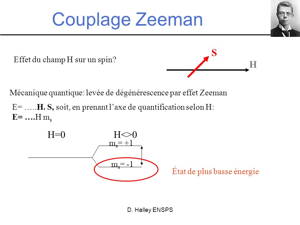 Couplage Zeeman S H H=0 H<>0 Effet du champ H sur un spin