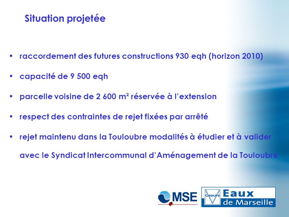 Situation projetée raccordement des futures constructions 930 eqh (horizon 2010) capacité de eqh.