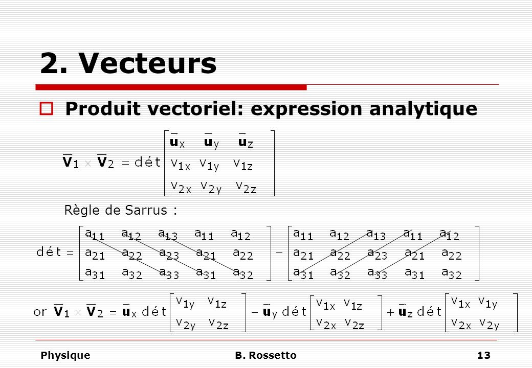 2. Vecteurs Produit vectoriel: expression analytique Règle de Sarrus :