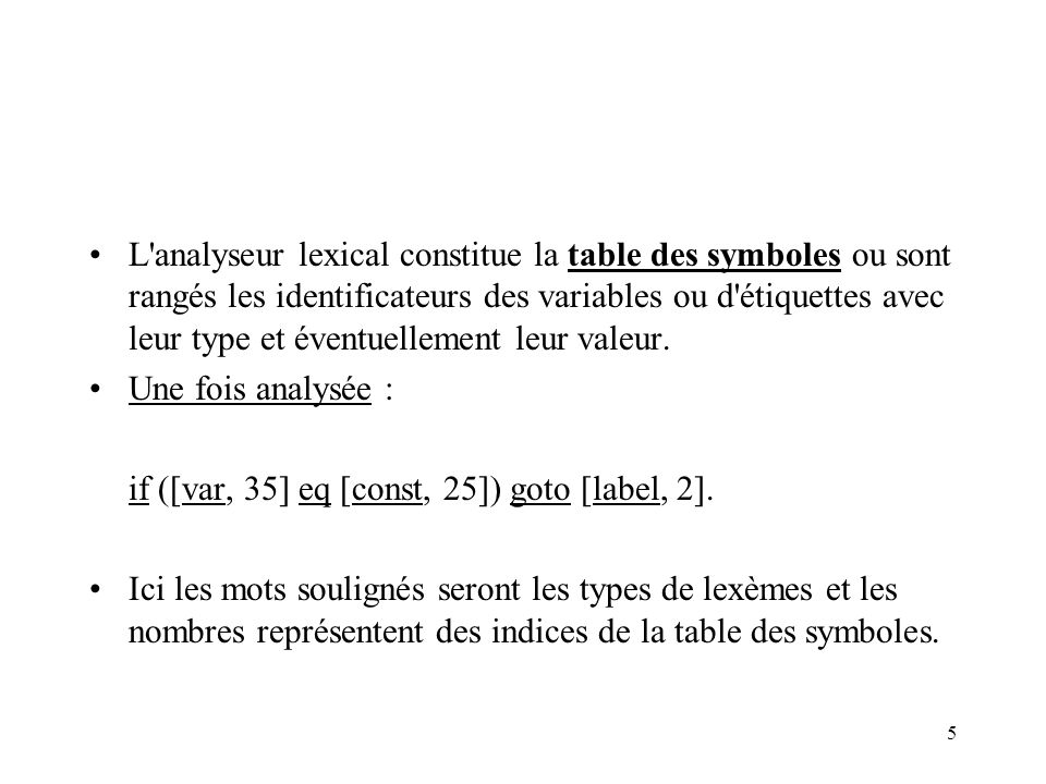 L analyseur lexical constitue la table des symboles ou sont rangés les identificateurs des variables ou d étiquettes avec leur type et éventuellement leur valeur.