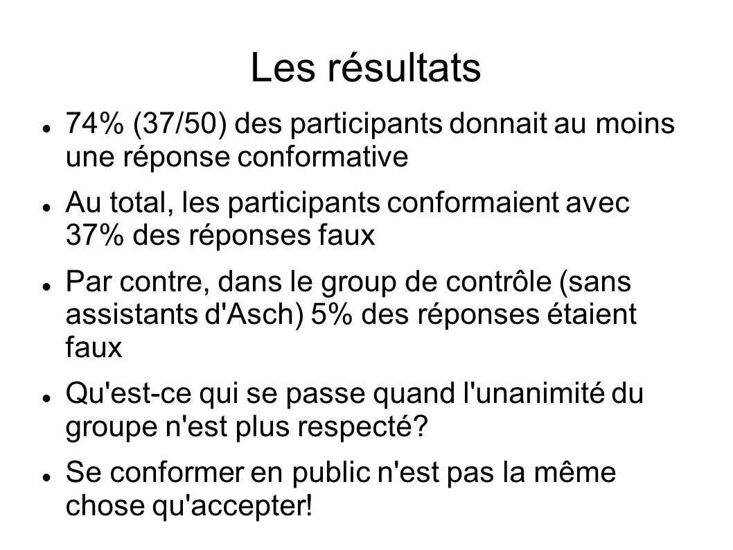 Les résultats 74% (37/50) des participants donnait au moins une réponse conformative.