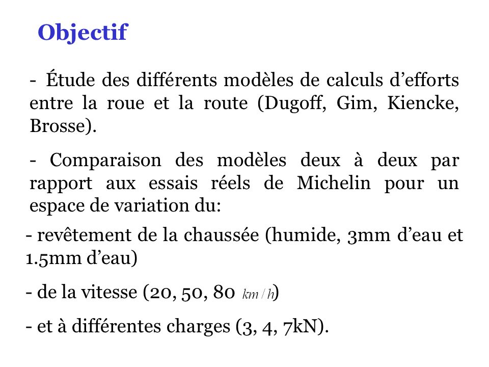 Étude des différents modèles de calculs d’efforts entre la roue et la route (Dugoff, Gim, Kiencke, Brosse).