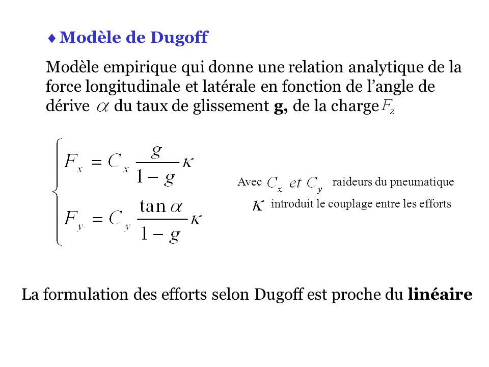 La formulation des efforts selon Dugoff est proche du linéaire