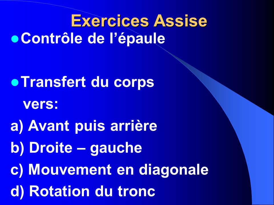 Exercices Assise Contrôle de l’épaule Transfert du corps vers: