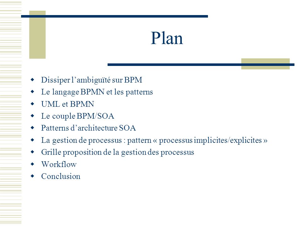 Plan Dissiper l’ambiguïté sur BPM Le langage BPMN et les patterns