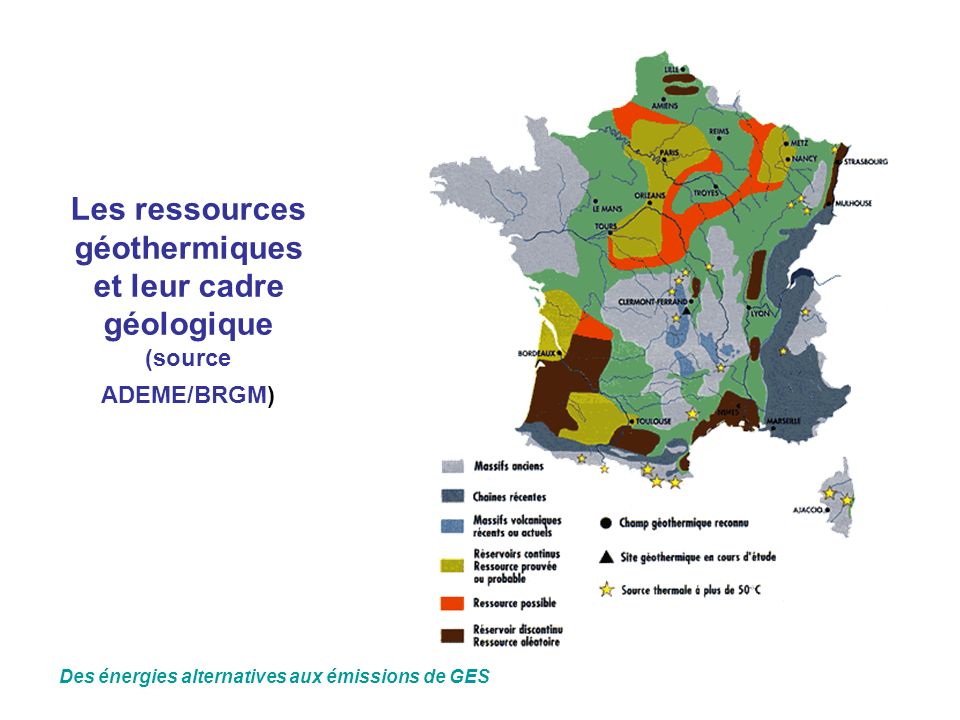 Les ressources géothermiques et leur cadre géologique (source ADEME/BRGM)