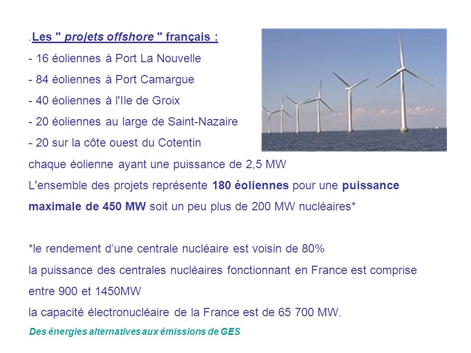 .Les projets offshore français : - 16 éoliennes à Port La Nouvelle - 84 éoliennes à Port Camargue - 40 éoliennes à l Ile de Groix - 20 éoliennes au large de Saint-Nazaire - 20 sur la côte ouest du Cotentin chaque éolienne ayant une puissance de 2,5 MW L ensemble des projets représente 180 éoliennes pour une puissance maximale de 450 MW soit un peu plus de 200 MW nucléaires* *le rendement d’une centrale nucléaire est voisin de 80% la puissance des centrales nucléaires fonctionnant en France est comprise entre 900 et 1450MW la capacité électronucléaire de la France est de MW.