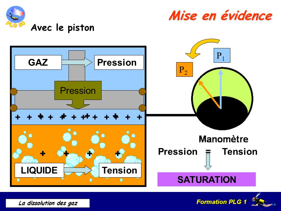 Mise en évidence Avec le piston P1 GAZ Pression P2 Pression + +