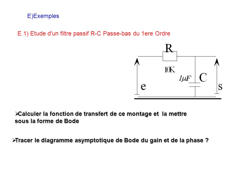 E)Exemples E.1) Etude d un filtre passif R-C Passe-bas du 1ere Ordre.