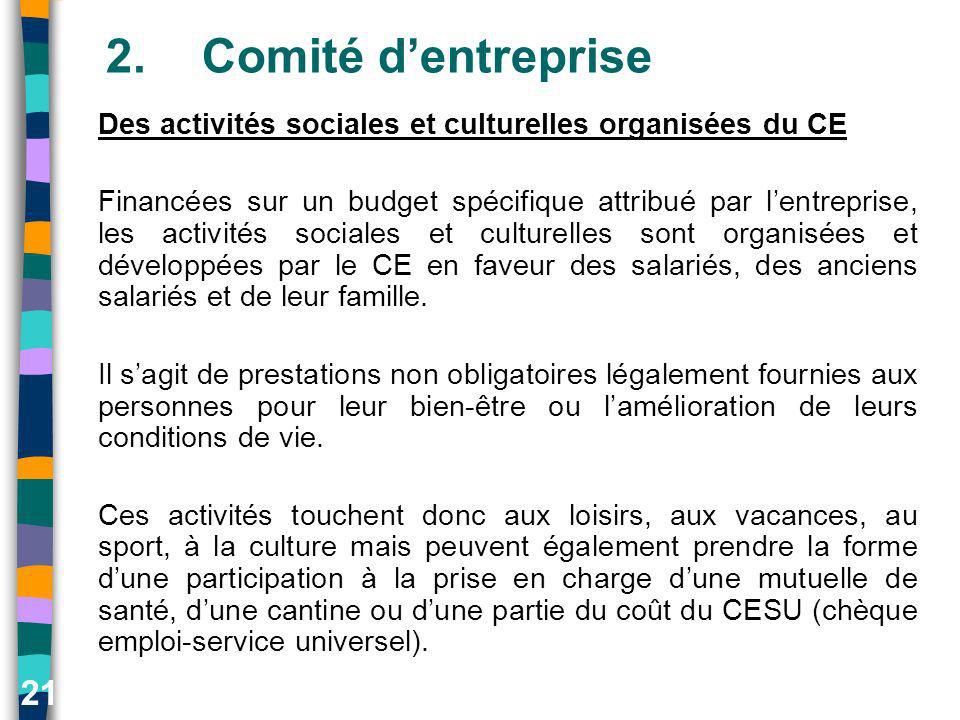 2. Comité d’entreprise Des activités sociales et culturelles organisées du CE.