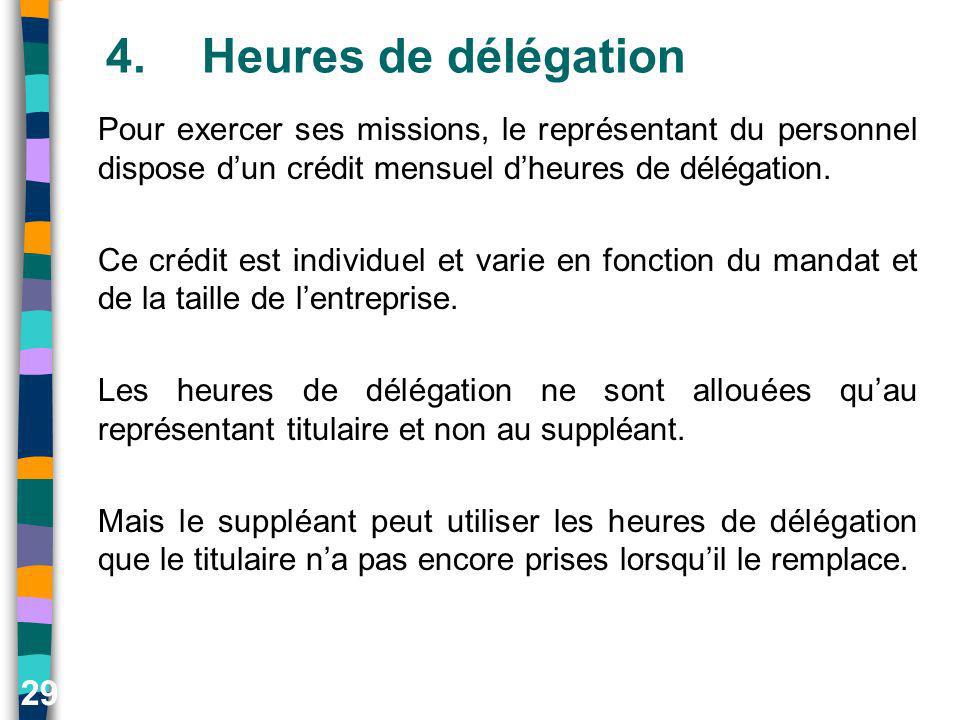 4. Heures de délégation Pour exercer ses missions, le représentant du personnel dispose d’un crédit mensuel d’heures de délégation.