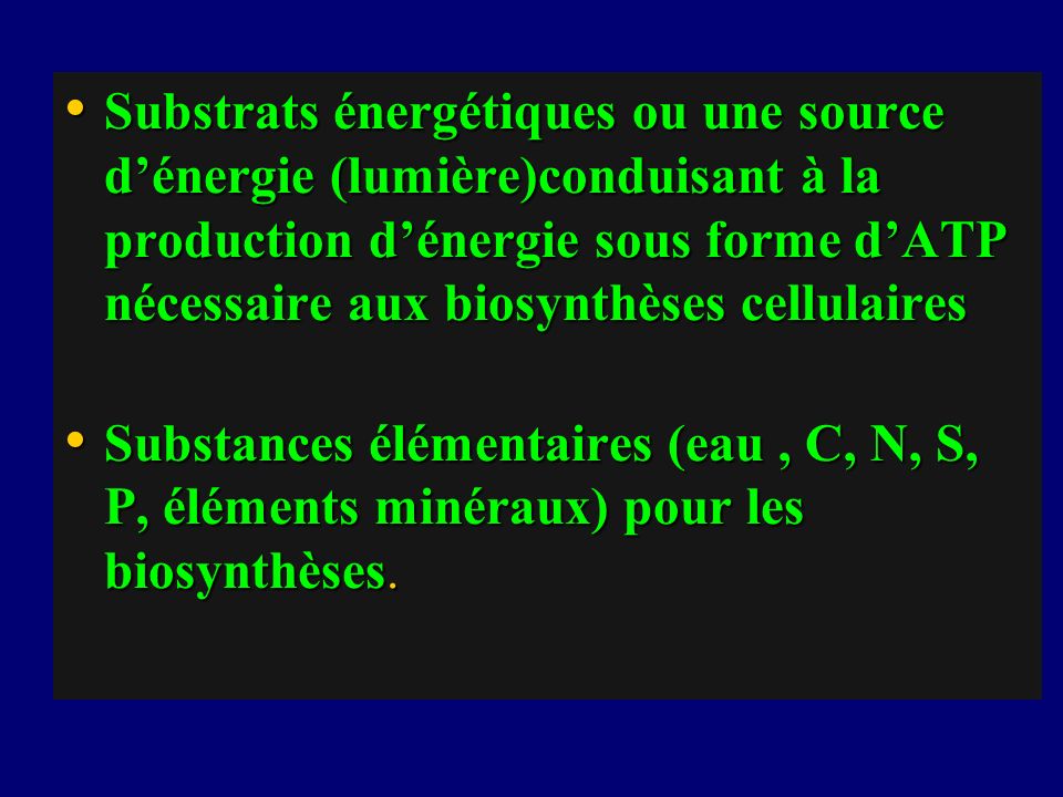 Substrats énergétiques ou une source d’énergie (lumière)conduisant à la production d’énergie sous forme d’ATP nécessaire aux biosynthèses cellulaires