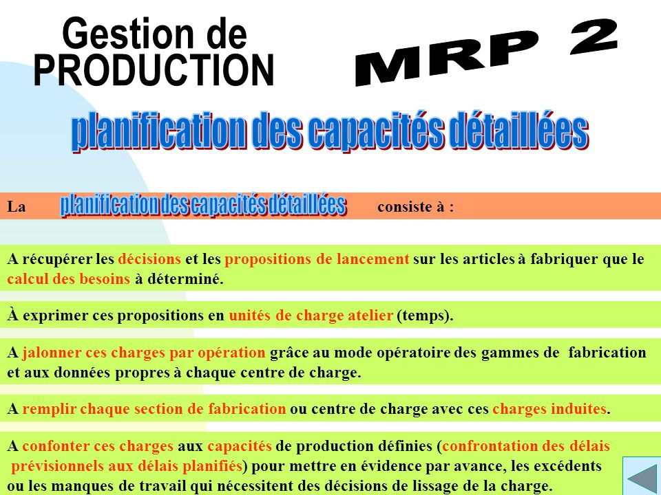 Gestion de PRODUCTION planification des capacités détaillées MRP 2