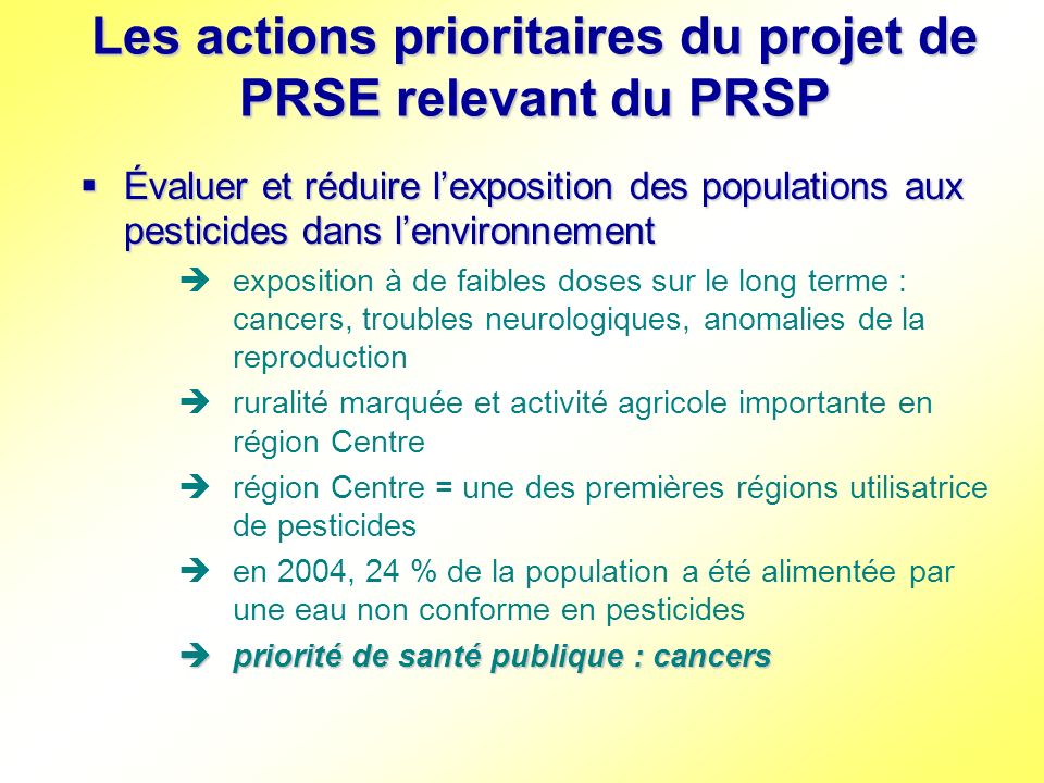 Les actions prioritaires du projet de PRSE relevant du PRSP