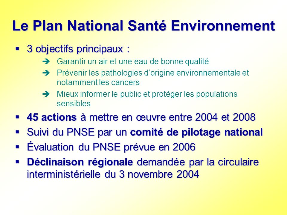 Le Plan National Santé Environnement
