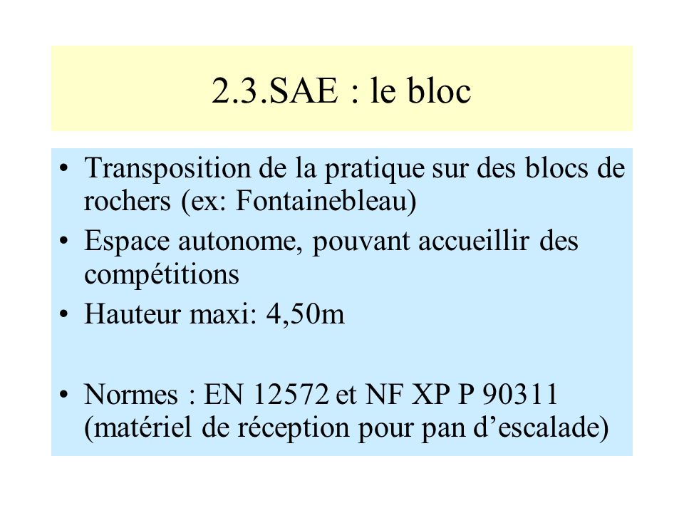 2.3.SAE : le bloc Transposition de la pratique sur des blocs de rochers (ex: Fontainebleau) Espace autonome, pouvant accueillir des compétitions.