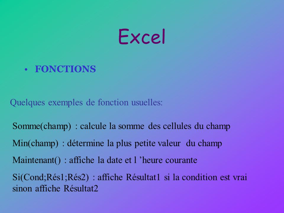 Excel FONCTIONS Quelques exemples de fonction usuelles: