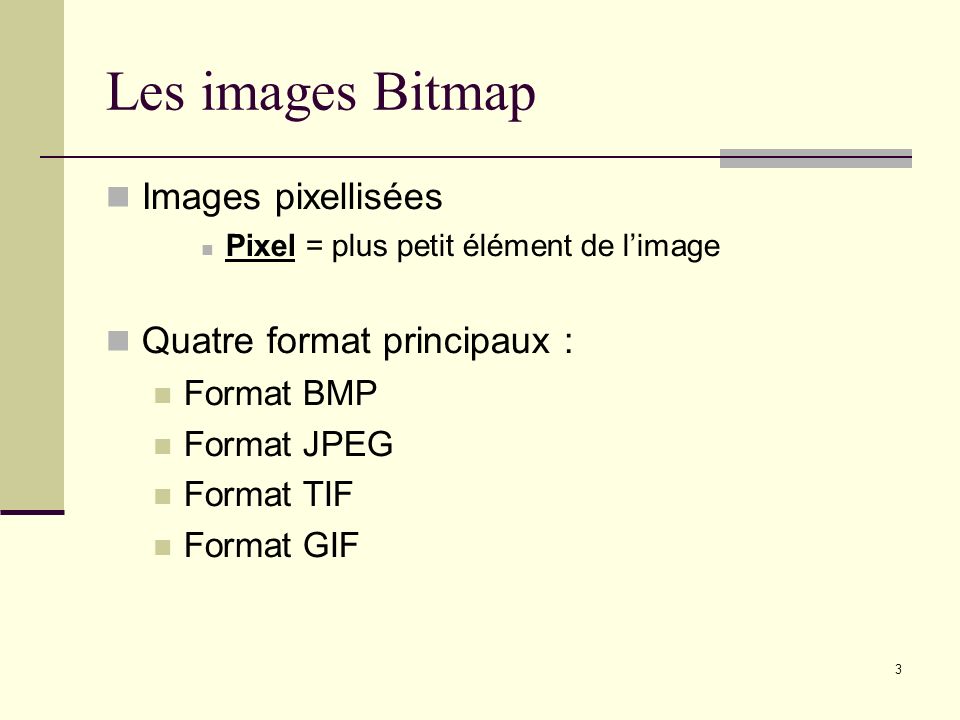 Les images Bitmap Images pixellisées Quatre format principaux :
