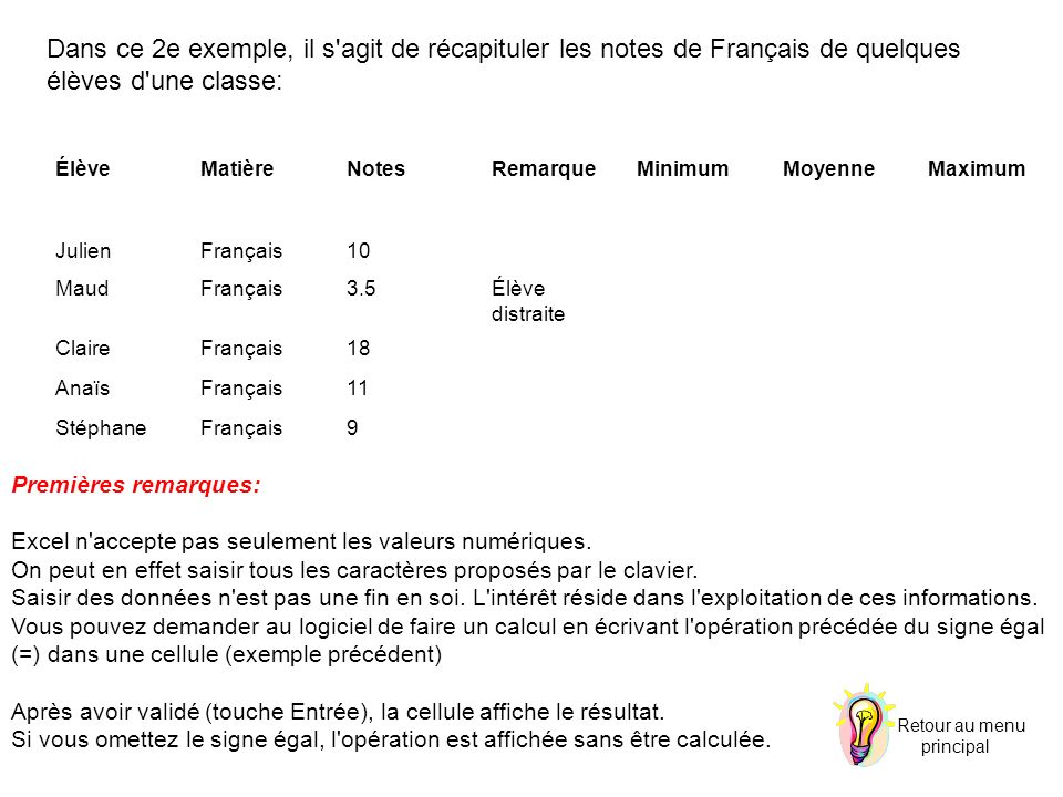 Dans ce 2e exemple, il s agit de récapituler les notes de Français de quelques