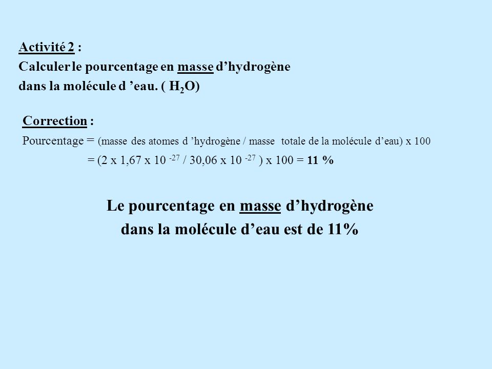Le pourcentage en masse d’hydrogène dans la molécule d’eau est de 11%