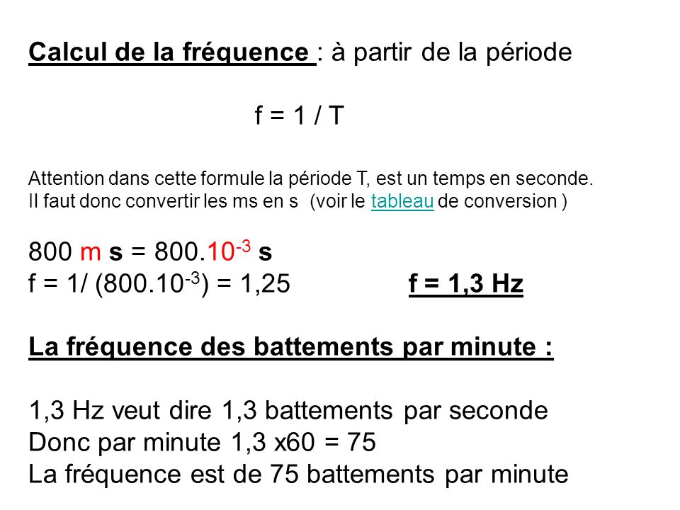Calcul de la fréquence : à partir de la période f = 1 / T