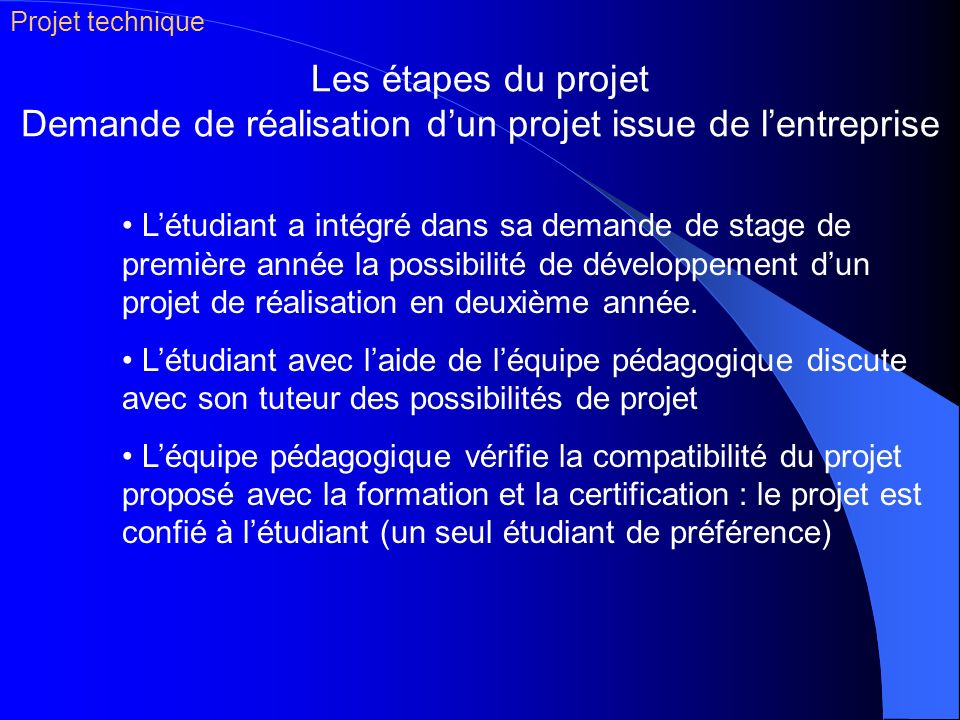 Projet technique Les étapes du projet Demande de réalisation d’un projet issue de l’entreprise.