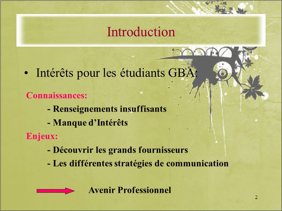 Introduction Intérêts pour les étudiants GBA: Connaissances: