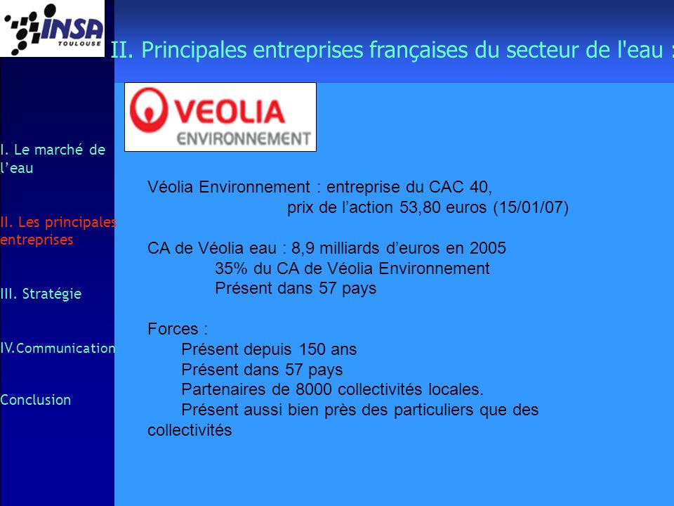 II. Principales entreprises françaises du secteur de l eau :