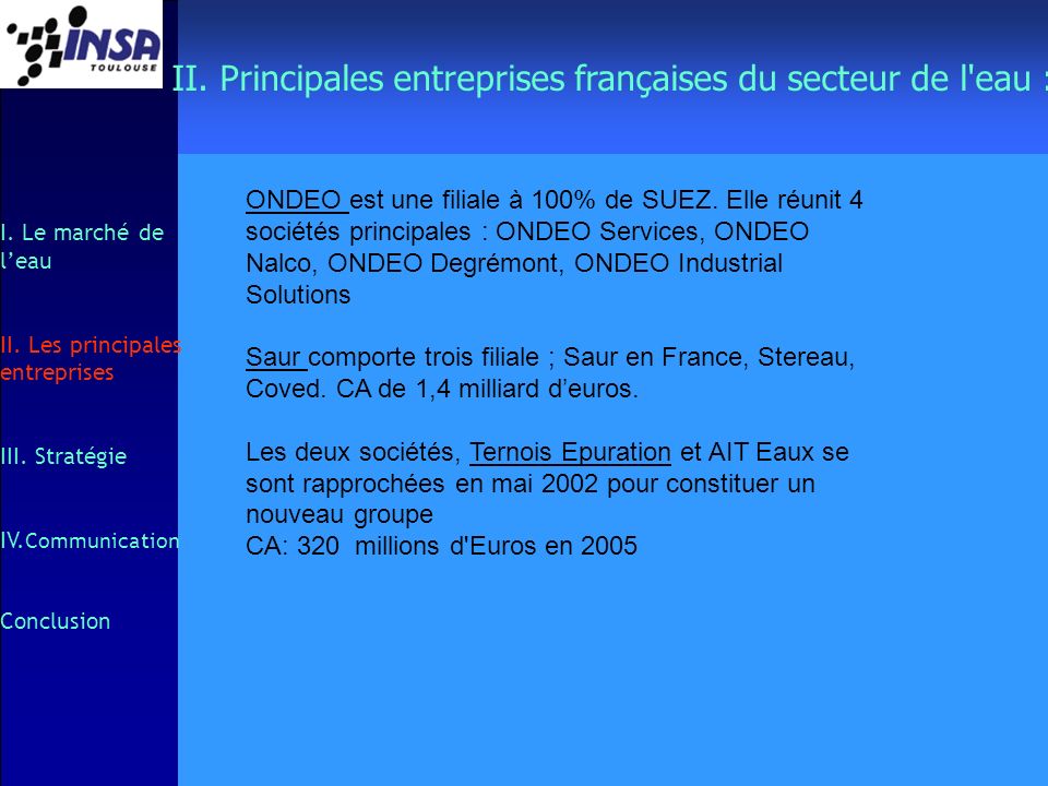 II. Principales entreprises françaises du secteur de l eau :
