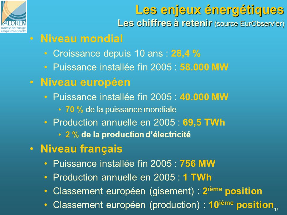 Les enjeux énergétiques Les chiffres à retenir (source EurObserv’er)