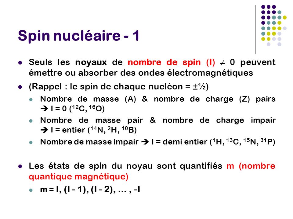 Spin nucléaire - 1 Seuls les noyaux de nombre de spin (I) ≠ 0 peuvent émettre ou absorber des ondes électromagnétiques.