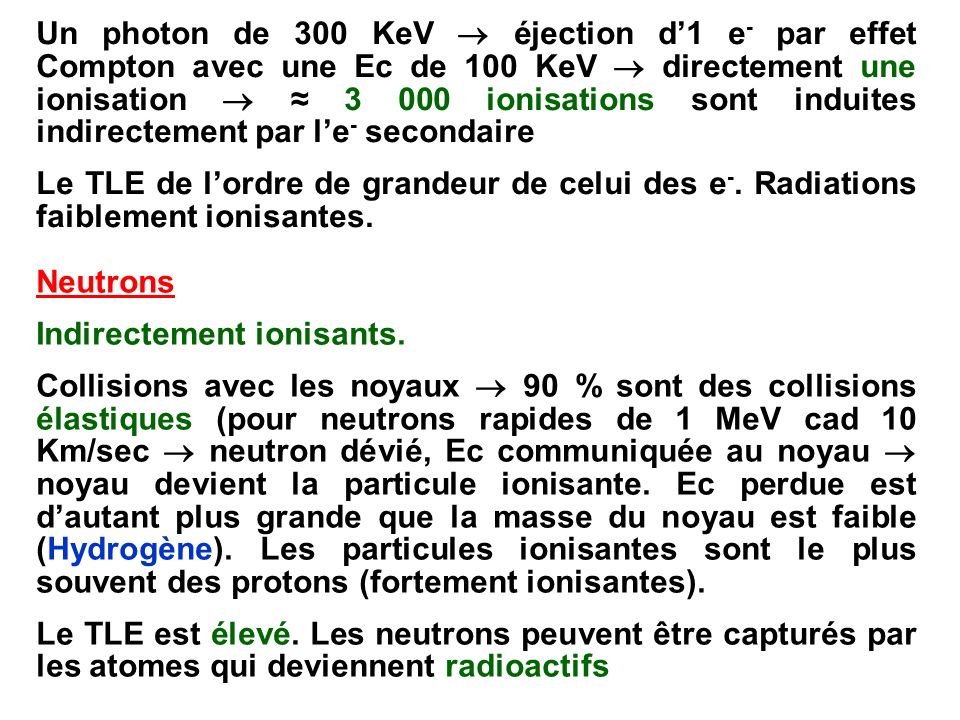 Un photon de 300 KeV  éjection d’1 e- par effet Compton avec une Ec de 100 KeV  directement une ionisation  ≈ ionisations sont induites indirectement par l’e- secondaire