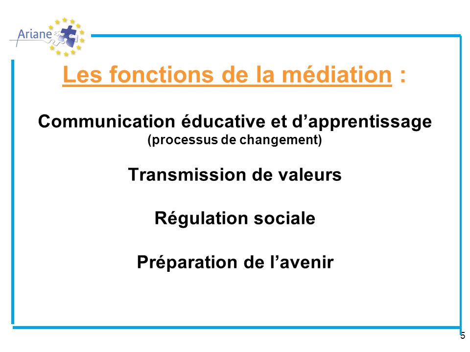 Les fonctions de la médiation : Communication éducative et d’apprentissage (processus de changement) Transmission de valeurs Régulation sociale Préparation de l’avenir