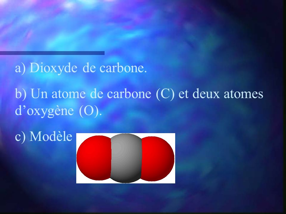 a) Dioxyde de carbone. b) Un atome de carbone (C) et deux atomes d’oxygène (O). c) Modèle :