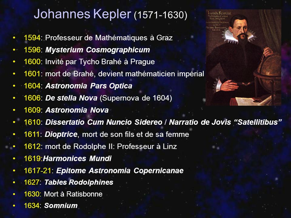 Johannes Kepler ( ) 1594: Professeur de Mathématiques à Graz
