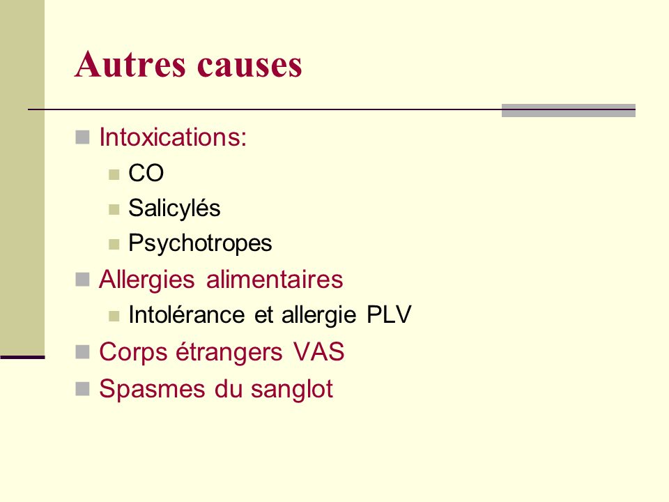 Autres causes Intoxications: Allergies alimentaires