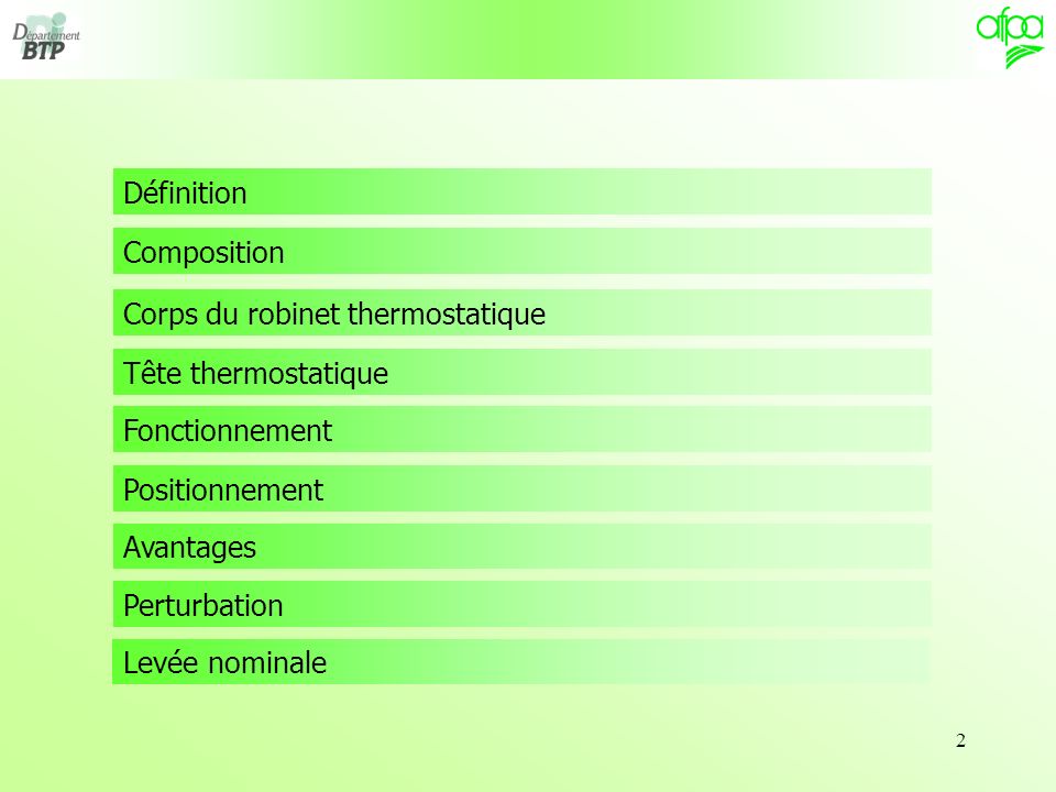 Définition Composition. Corps du robinet thermostatique. Tête thermostatique. Fonctionnement. Positionnement.