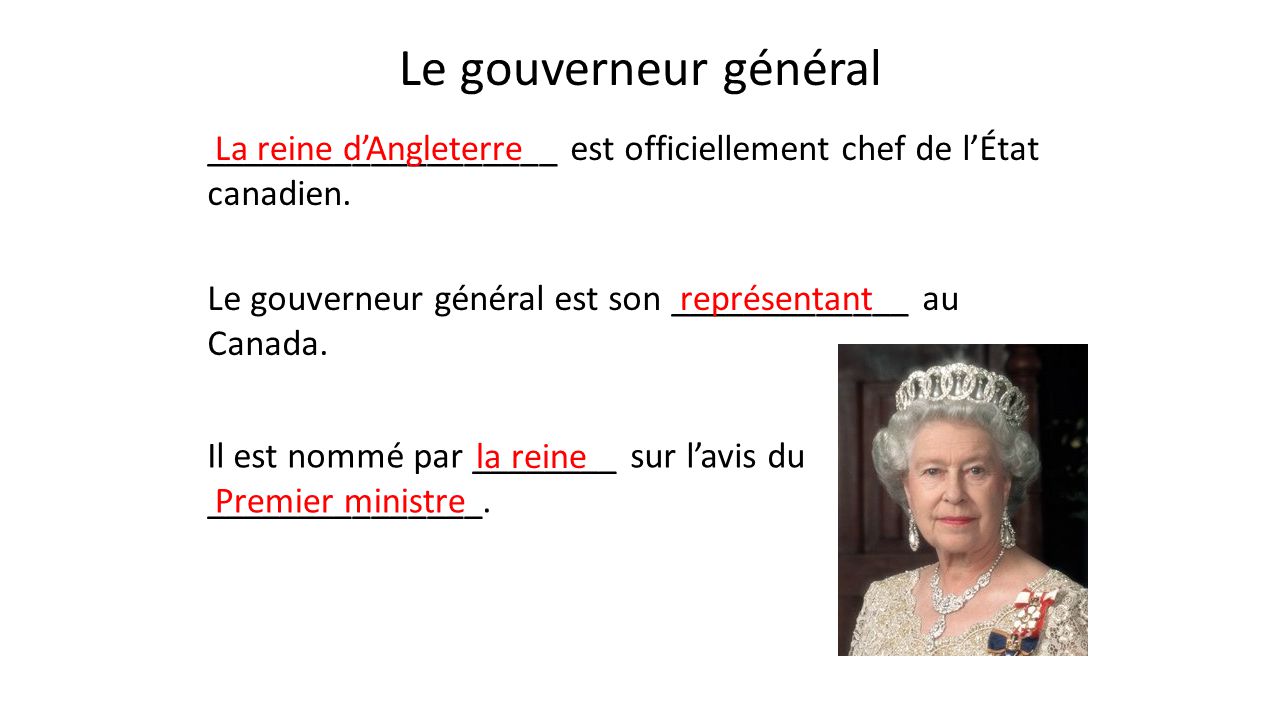 Le gouverneur général ___________________ est officiellement chef de l’État canadien. La reine d’Angleterre.