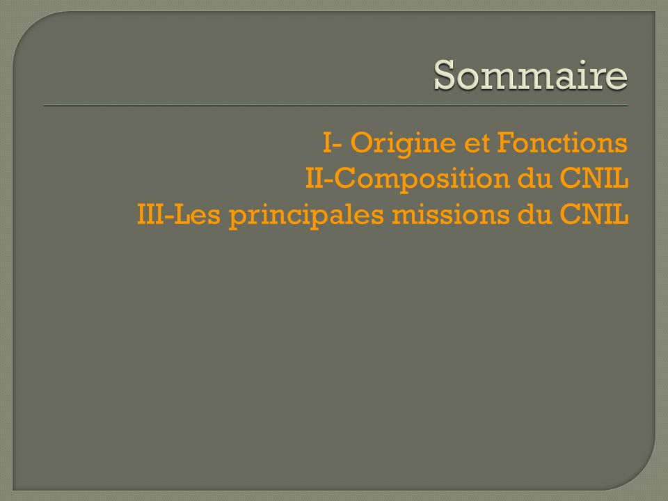 Sommaire I- Origine et Fonctions II-Composition du CNIL III-Les principales missions du CNIL