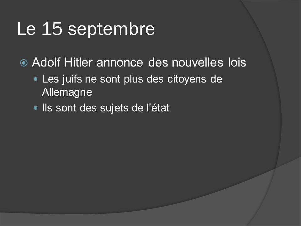 Le 15 septembre Adolf Hitler annonce des nouvelles lois