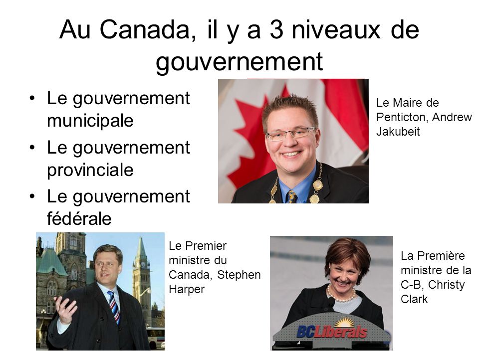 Au Canada, il y a 3 niveaux de gouvernement