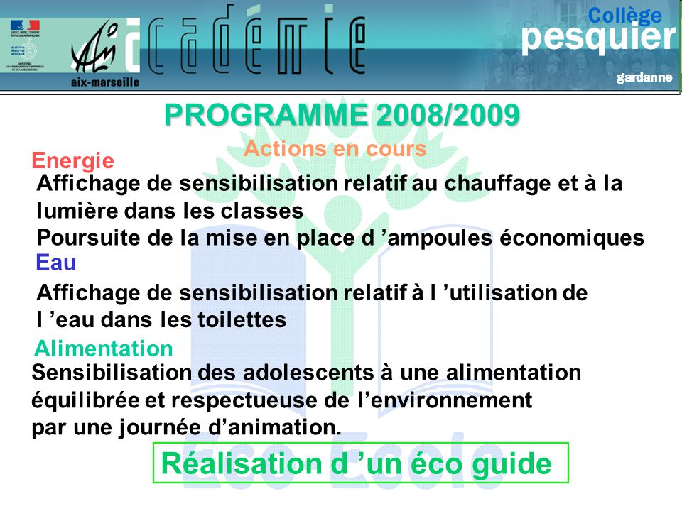 pesquier PROGRAMME 2008/2009 Réalisation d ’un éco guide