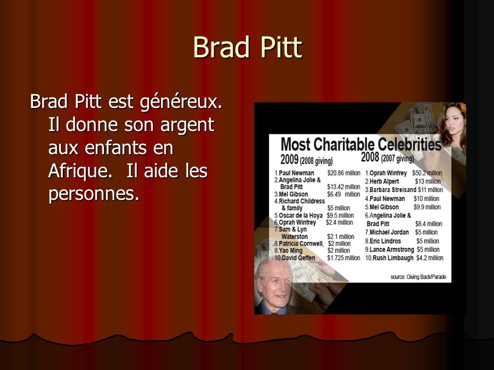 Brad Pitt Brad Pitt est généreux. Il donne son argent aux enfants en Afrique.